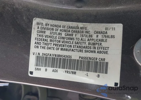 2011 Honda Civic Ex из США, поврежденный, VIN 2HGFA1F85BH543435